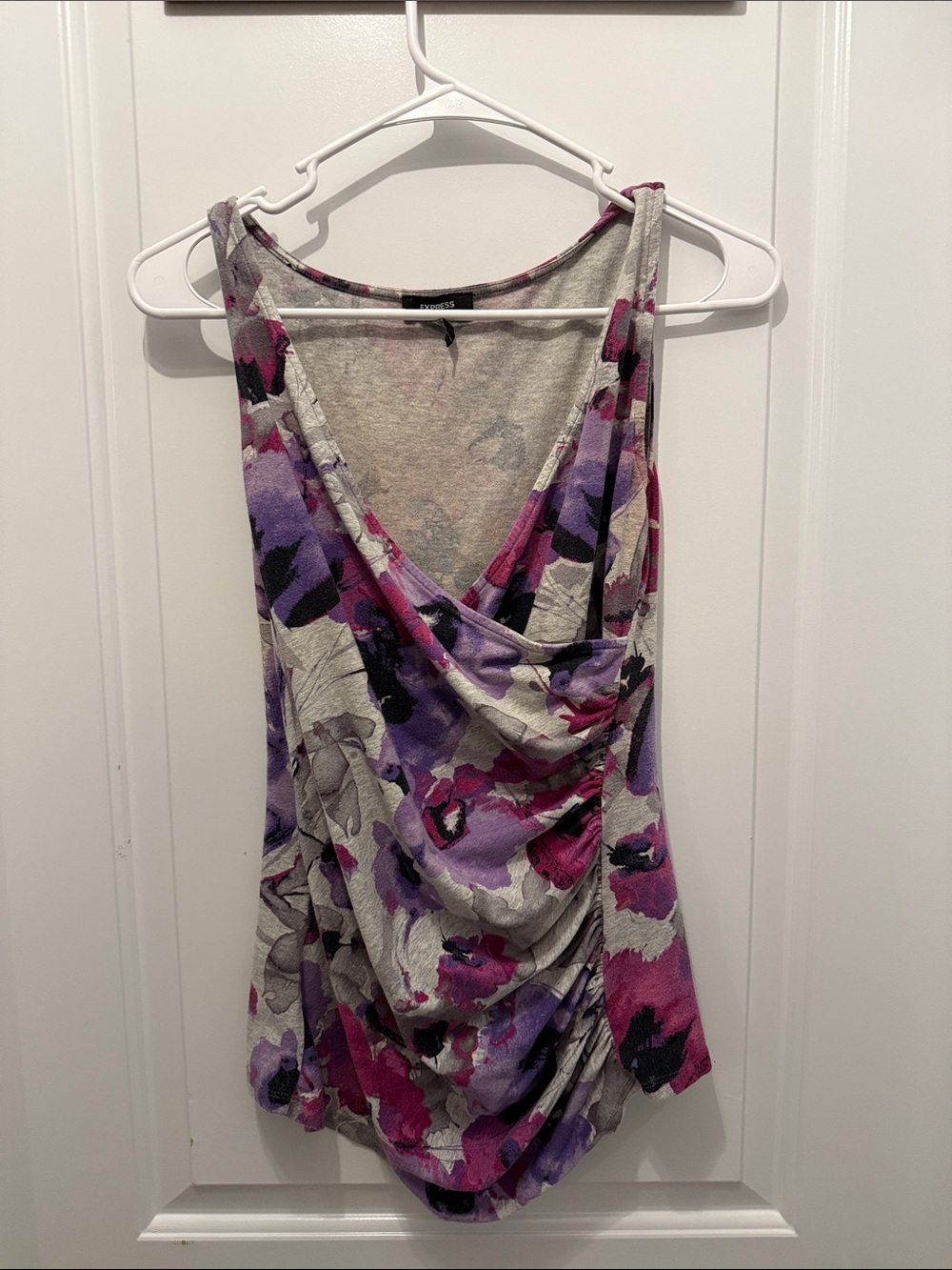 Express Vintage Y2K Drape Front Floral Tank Top - Purple/Pink/Gray